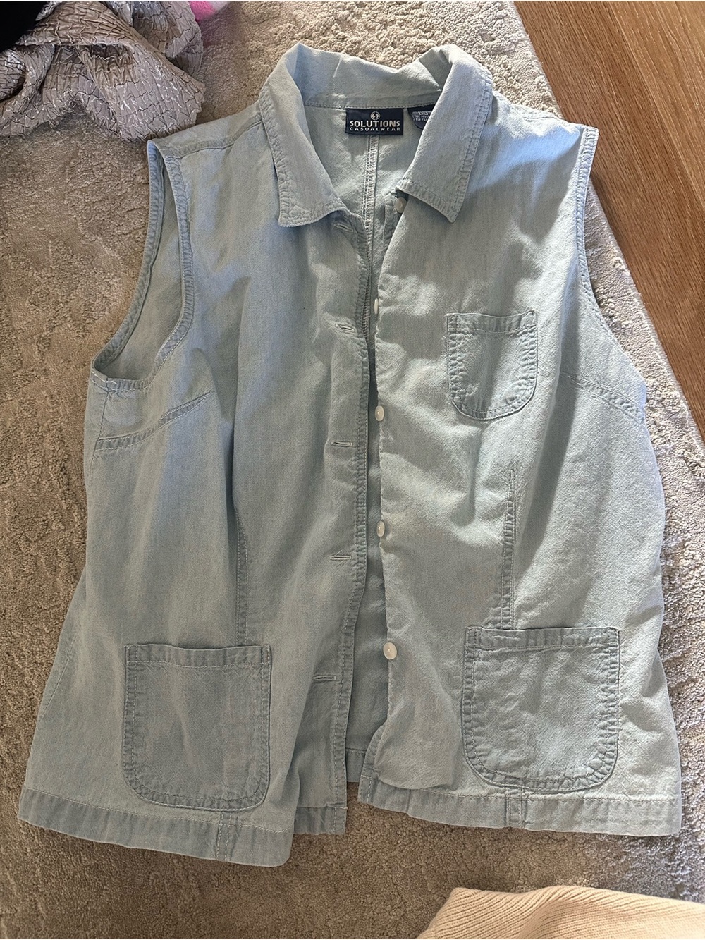 Light Blue Sleeveless Denim Button-Front Blouse by Solutions 100% cotton